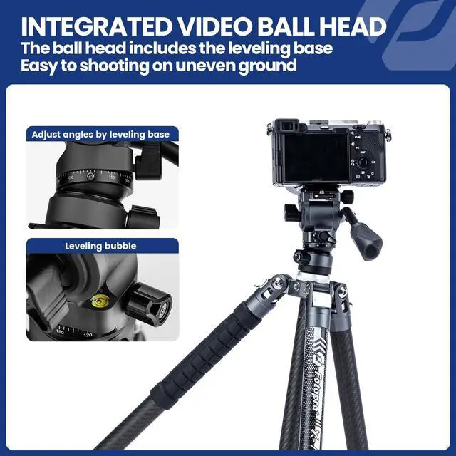 Alt view image 4 of 5 - Fotopro 62" Video Camera Tripod with Fluid Head for Smooth Panning, Carbon Fiber Travel Tripod, Ultralight 2.4lbs, 11lbs Load, for Telephoto Wildlife Birding Camcorder, X-Aircross 3 Video