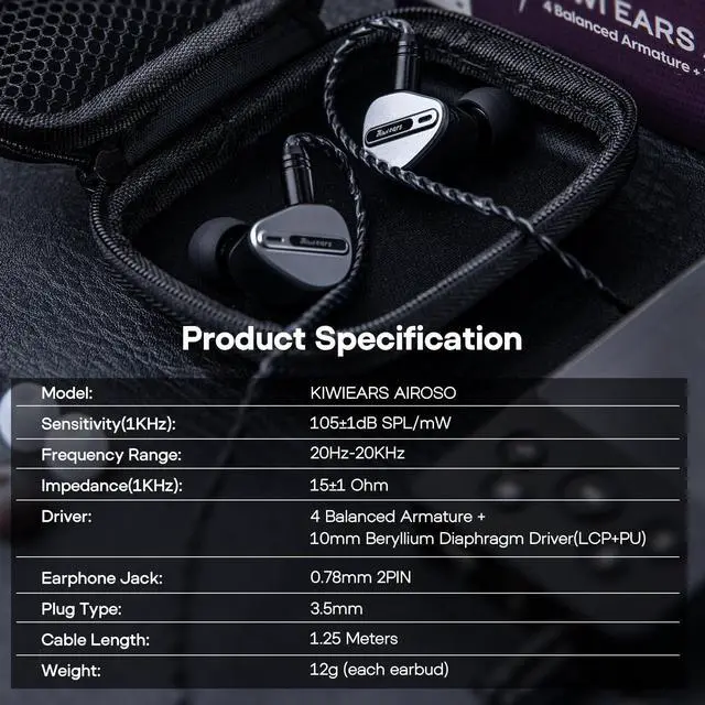 Alt view image 5 of 5 - Linsoul Kiwi Ears Airoso in Ear Monitor,1DD+4BA Hybrid Driver IEM Earphones, Gaming Earbuds, HiFi Stereo Wired Earbuds with Detachable 2Pin Cables for Audiophiles Musicians