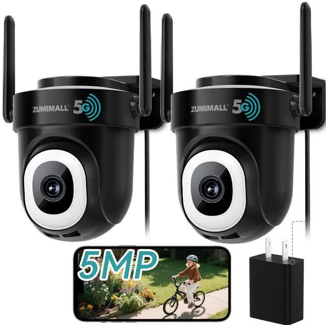 Main image of ZUMIMALL 2.5K Wired Cameras for Home Security, 2.4G/5G WiFi Outdoor Camera, 5MP, 24/7 Recording,AI Motion Detection, Cloud & SD Card Storage, 2-Way Audio, 360 PTZ Auto Tracking, IP66-2-Pack (Black)