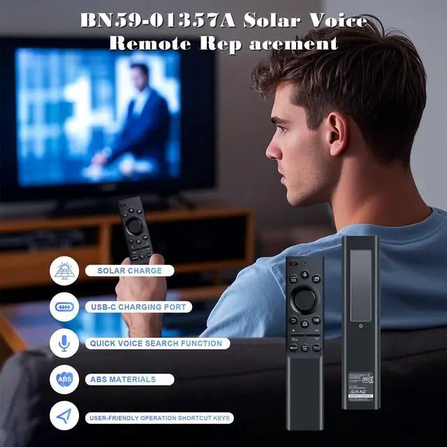 Alt view image 2 of 5 - BN59-01357A Solar Voice Remote Replacement for Samsung TV Remote with Rechargeable Solar Cell Compatible with Samsung Neo QLED S90D Crystal UHD Series 2023
