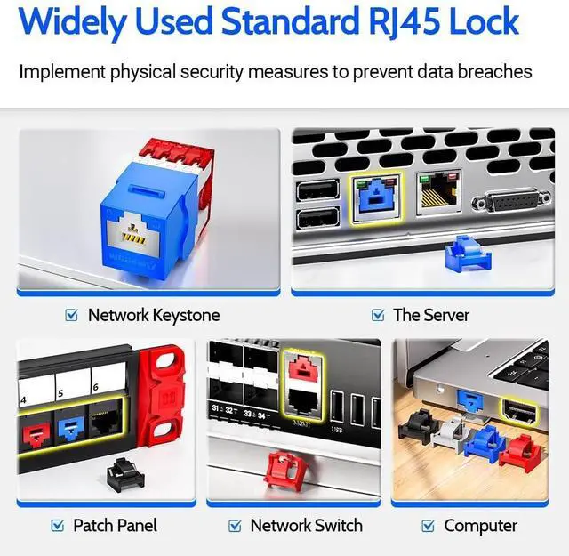 Alt view image 3 of 5 - AMPCOM RJ45 Port Lock 100-Pack 3-Point Tamper-Proof Blocker w/ 2 Keys Black