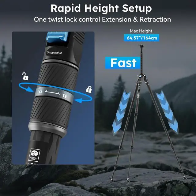 Alt view image 2 of 5 - SIRUI SVS60 Carbon Fiber Travel Tripod, 64.6" Compact Camera Tripod, Rapid One-Step Height Adjustment, Modular Design Convertible to Monopod, Max Load 8kg/17.6lbs