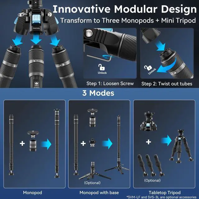 Alt view image 4 of 5 - SIRUI SVS60 Carbon Fiber Travel Tripod, 64.6" Compact Camera Tripod, Rapid One-Step Height Adjustment, Modular Design Convertible to Monopod, Max Load 8kg/17.6lbs