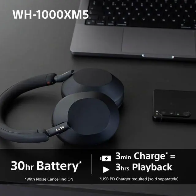 Alt view image 3 of 5 - Sony Noise Canceling Wireless Headphones - 30hr Battery Life - Over-Ear Style - Optimized for Alexa and Google Assistant - Built-in mic for Calls - WH-1000XM5B.CE7 - Limited Edition - Charcoal