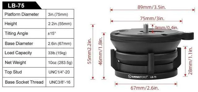 Alt view image 5 of 5 - Sunwayfoto Black LB-75 75mm Low Profile Leveling Base for Tripod w Butterfly Lock Collar +/-15 Tilt