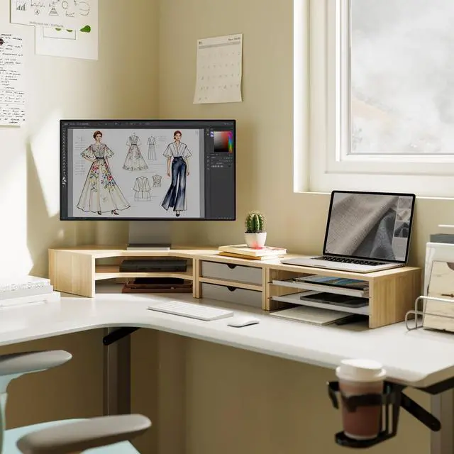 Alt view image 2 of 5 - Fenge Dual Monitor Stand, 2-Tier Corner Monitor Riser with Drawer and Slide-out Tray, Triangle Desktop Shelf Organizer for Laptop Computer Printer Home Office Desk, Oak