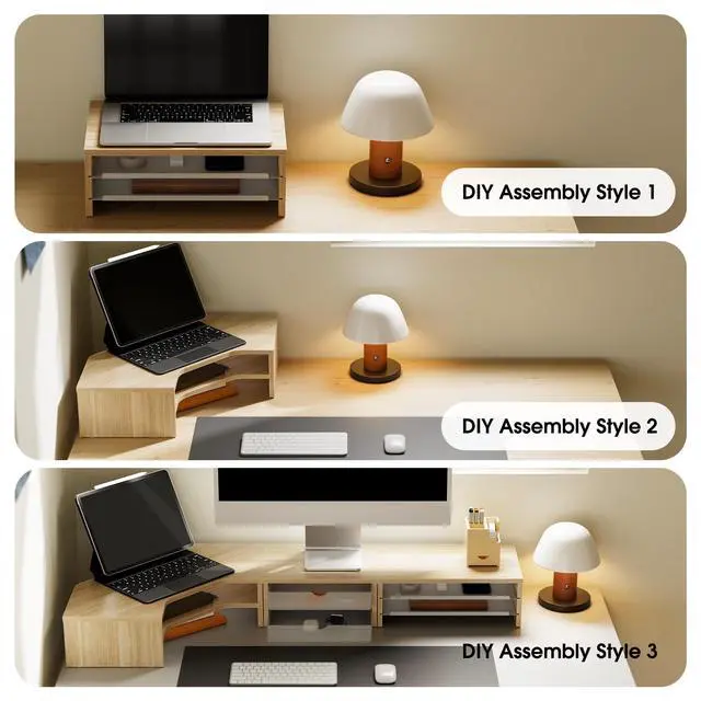 Alt view image 4 of 5 - Fenge Dual Monitor Stand, 2-Tier Corner Monitor Riser with Drawer and Slide-out Tray, Triangle Desktop Shelf Organizer for Laptop Computer Printer Home Office Desk, Oak