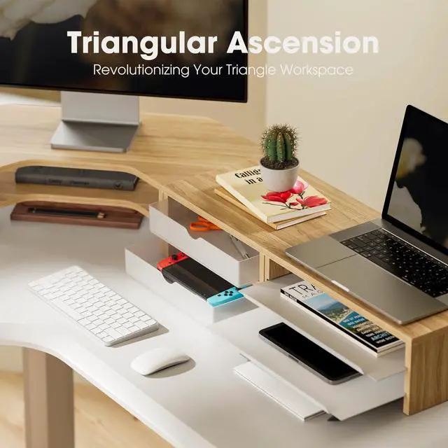 Alt view image 5 of 5 - Fenge Dual Monitor Stand, 2-Tier Corner Monitor Riser with Drawer and Slide-out Tray, Triangle Desktop Shelf Organizer for Laptop Computer Printer Home Office Desk, Oak