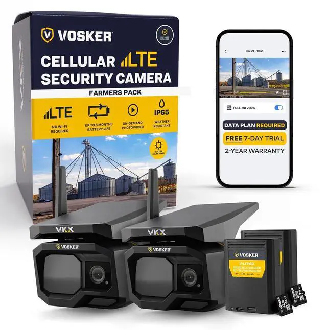 Main image of Vosker VKX Farmers Pack Solar 4G LTE Security Camera, Wireless Outdoor Surveillance for Farms, Sheds, Rural Properties, No Wi-Fi Needed, SIM Card Included Night Vision, IP65 Weather-Resistant (