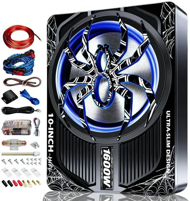 Main image of SCBPAUD Upgraded 10 Inch 1600W Under Seat Subwoofer with Amp, Powered Slim Sub, Blue LED Ambient Light, (LPF/Gain/Bass Boost) Independent Bass Knob, Car Audio Subwoofer Package for Truck SUV Jeep MPV