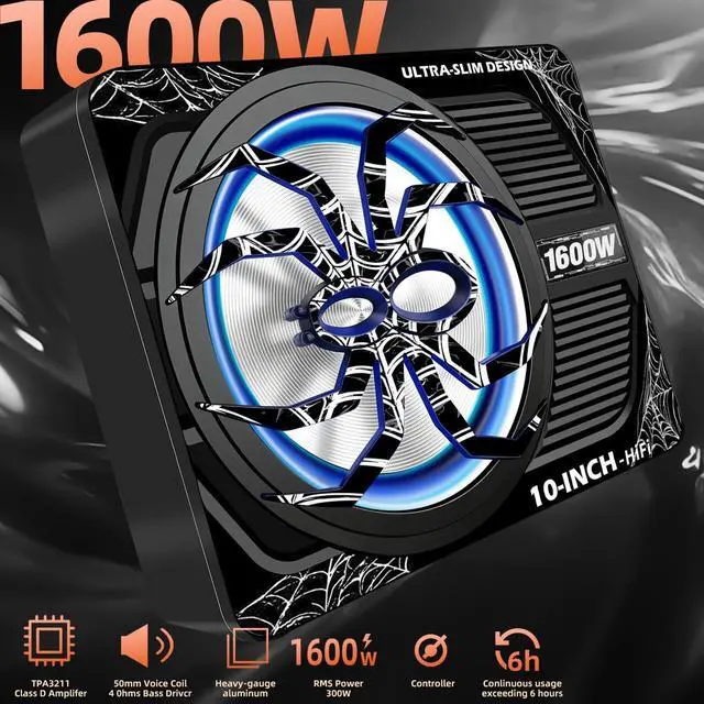 Alt view image 2 of 5 - SCBPAUD Upgraded 10 Inch 1600W Under Seat Subwoofer with Amp, Powered Slim Sub, Blue LED Ambient Light, (LPF/Gain/Bass Boost) Independent Bass Knob, Car Audio Subwoofer Package for Truck SUV Jeep MPV