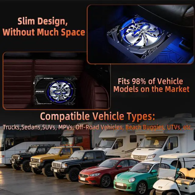 Alt view image 5 of 5 - SCBPAUD Upgraded 10 Inch 1600W Under Seat Subwoofer with Amp, Powered Slim Sub, Blue LED Ambient Light, (LPF/Gain/Bass Boost) Independent Bass Knob, Car Audio Subwoofer Package for Truck SUV Jeep MPV