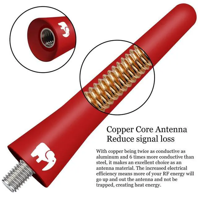 Alt view image 3 of 5 - ONE250 2.5" inch Short Copper Core Antenna, Compatible with Jeep Wrangler JK JKU JL JLU Rubicon Sahara Gladiator Renegade Cherokee (2007-2024) - Designed for Optimized FM/AM Reception (Red)