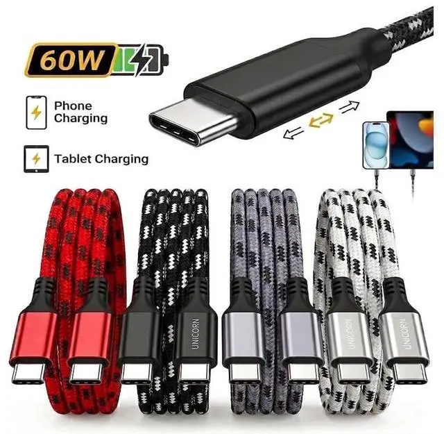 Alt view image 2 of 5 - Unicorn Trade (50 Packs) USB-C to USB-C Cables Nylon Braided Premium Charging Cable 60W 3A 5ft / 1.5m Compatible with iPhone 15+ and Android Type C to Type C Wholesale Bulk Lot
