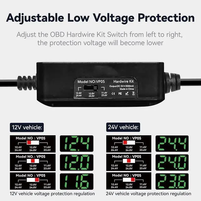 Alt view image 4 of 5 - REDTIGER Dash Cam OBD Hardwire Kit Power Cable Type USB C Port,10FT 12V-24V to 5V,for Dash Camera, Low Voltage Protection