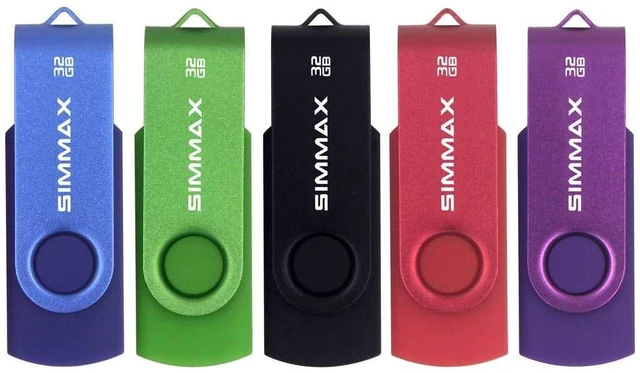 Main image of SIMMAX USB Flash Drives 5 Pack 32GB Memory Stick Swivel Design USB 2.0 Flash Drive Thumb Drive Zip Drives (32GB Blue Green Black Red Purple)