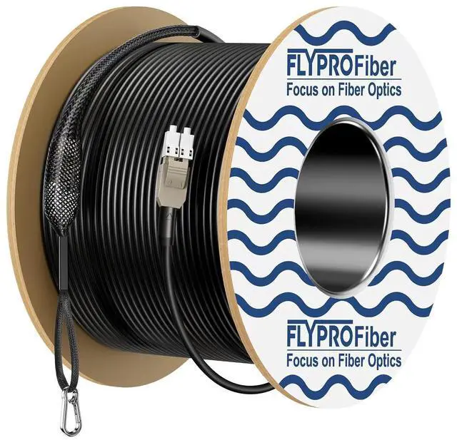 Main image of FLYPROFiber- 100m/326ft OD-5mm Outdoor Armored Fiber Patch Cable, OM3 LC to LC Fiber Cable, Industrial TPU, Direct Burial, Duplex Multimode, 10GB/40GB 50/125um, Uniboot with Pulling Eye Kit