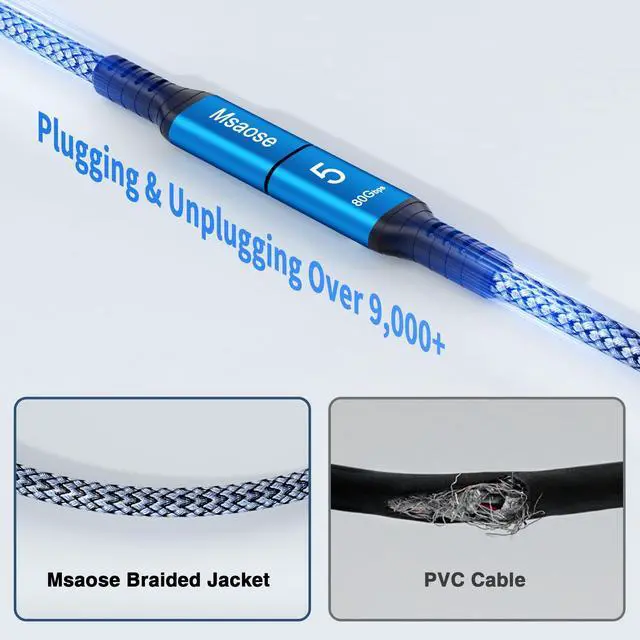 Alt view image 5 of 5 - Msaose Braided Thunderbolt 5 Cable 1.6FT 2Pack Compatible, 8K@165Hz, 4K@540Hz, 80Gbps, 120Gbps BW, 240W PD for Thunderbolt 4/5, Mac mini, Razer Blade, MacBook Pro M4 M5, iPhone 17, USB4 2.0