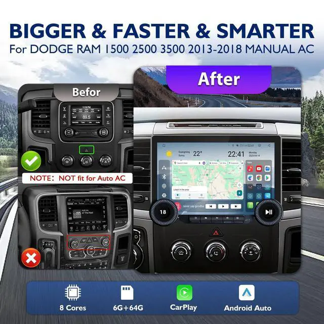 Alt view image 2 of 5 - Car Radio for Dodge Ram 1500/2500/3500 13-18 Manual AC Dual Knobs, 6+64G