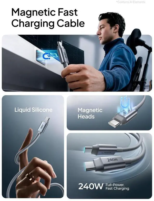 Alt view image 2 of 5 - LISEN Magnetic USB C Cable,240W Fast Charging Cable Silicone Soft Durable USB C Cable for iPhone 17 16/15 Series, Samsung Galaxy S25/S24, MacBook Pro/Air, iPad Pro/Air/Mini (2 Pack, Grey, 5FT)