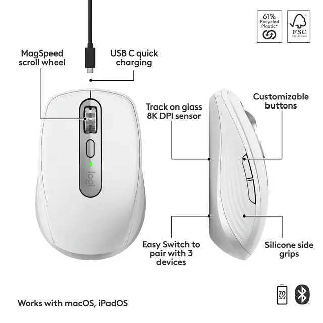 Alt view image 5 of 5 - Logitech MX Anywhere 3S for Mac, Compact Wireless Bluetooth Mouse, 8K DPI Any-Surface Tracking, Quiet Clicks, USB C, Wireless Mouse for MacBook Pro, MacBook Air, iMac, iPad - Pale