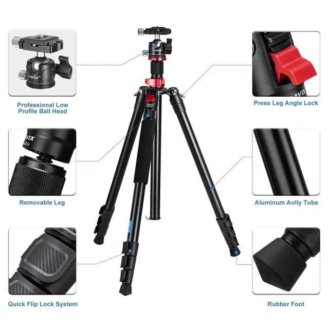 Alt view image 2 of 5 - CAVIX 78.7 inch/200cm Aluminum Tripod, 2-in-1 Travel Tripod and Monopod Combo, Foldable 4-Section Lightweight with 360Ball Head and Quick Release Plate, Load Capacity 22 lbs for DSLR Camcorder
