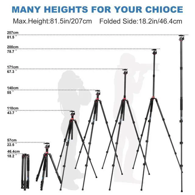 Alt view image 3 of 5 - CAVIX 78.7 inch/200cm Aluminum Tripod, 2-in-1 Travel Tripod and Monopod Combo, Foldable 4-Section Lightweight with 360Ball Head and Quick Release Plate, Load Capacity 22 lbs for DSLR Camcorder