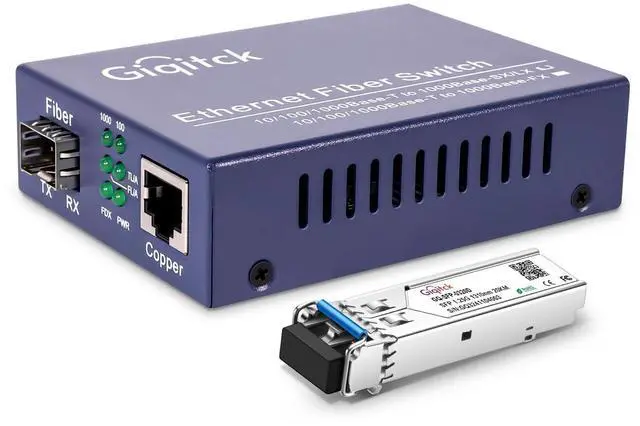 Main image of Gigabit Ethernet Media Converter, 10/100/1000Mbps Networks Ethernet to Fiber Media Converter, with 1pcs 1000Base-LX SFP Module (1.25Gb/s, Single-Mode, Dual LC, 1310nm, 20km)