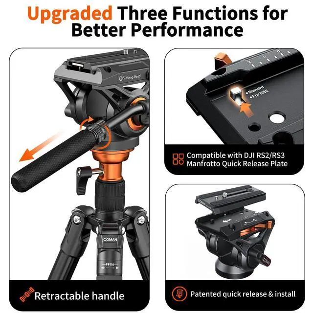 Alt view image 2 of 5 - COMAN 73" Camera Tripod with Fluid Head & Leveling Bowl, 22lb Payload, Portable Aluminium 2-in-1 Tripod Monopod, Quick Release Plate, for Canon Nikon Sony DJI DSLR Camera, Black (FF06S)
