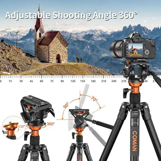 Alt view image 5 of 5 - COMAN 73" Camera Tripod with Fluid Head & Leveling Bowl, 22lb Payload, Portable Aluminium 2-in-1 Tripod Monopod, Quick Release Plate, for Canon Nikon Sony DJI DSLR Camera, Black (FF06S)
