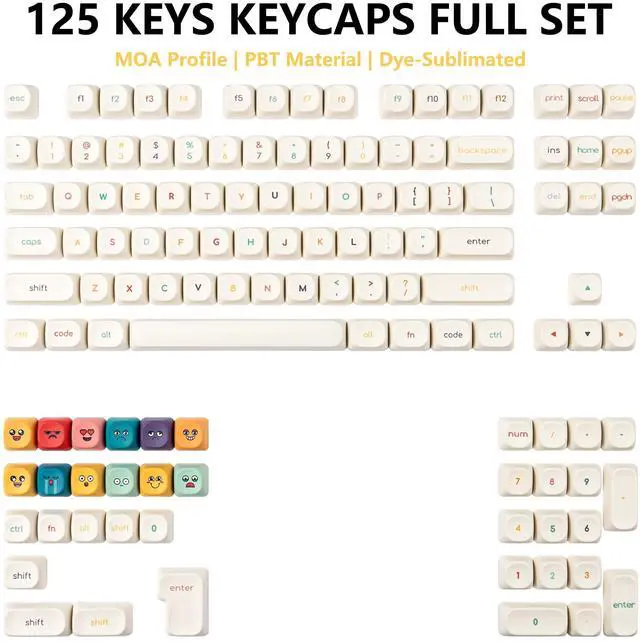 Alt view image 2 of 5 - GEKUCAP MOA Profile Cute Keycaps - 125 Keys PBT Keycaps Set, Minimalist White Keyboard Caps, Dye Sublimation Custom Kawaii Emoji Theme Key Caps for Cherry MX Mechanical Keyboards