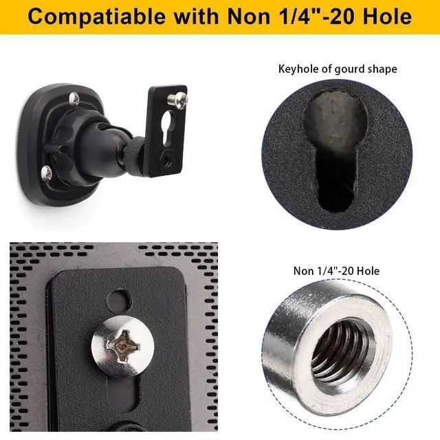 Alt view image 4 of 5 - Mippko 2 Pack Speaker Wall Mount Holder for 1/4"-20 Threaded Keyhole,2 Pack Adaptors Compatible with Non 1/4"-20 Threaded Screw Holes,360Rotation Adjustment Aluminum Alloy Mount,Black
