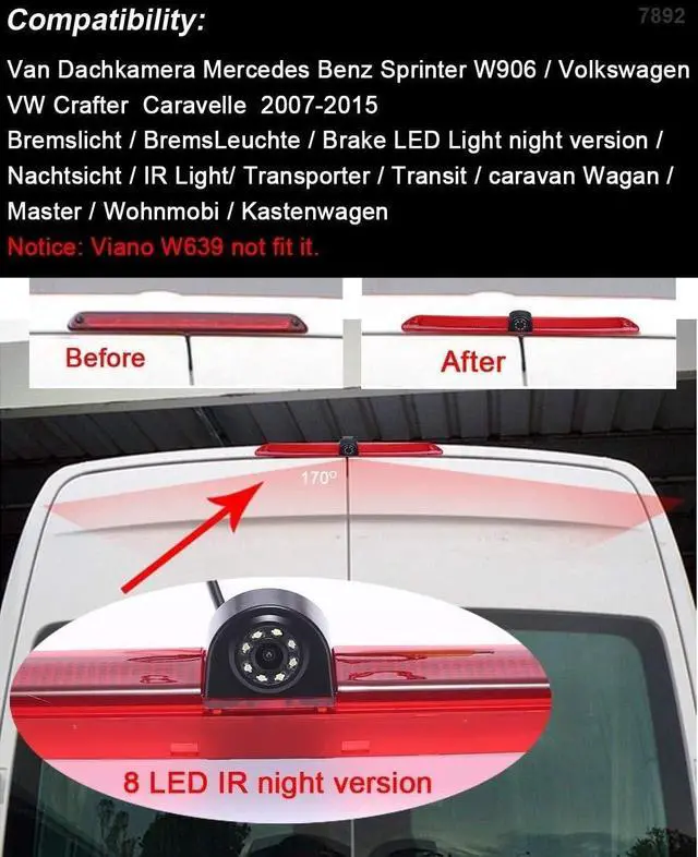 Alt view image 2 of 5 - HD Brake Light Backup Camera with Rear-View Mirror Monitor, Waterproof Night Vision Car Roof Reversing Camera Replacement for VW Crafter Caravelle 2007-2015/Mercedes Sprinter W609 W907 W910 316 CDI