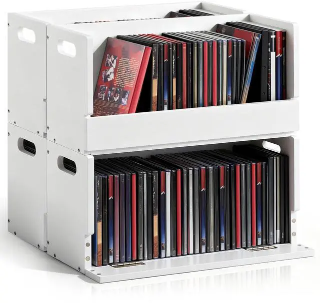 Main image of CroBlissful 4 Pack Wooden DVD Storage Organizer Boxes, Holds 104 DVDs (26 Each), Solid Wood Media Storage with Carry Handles for DVDs, CDs, Blu-ray Discs, Movie Cases and Cassette Tapes, White