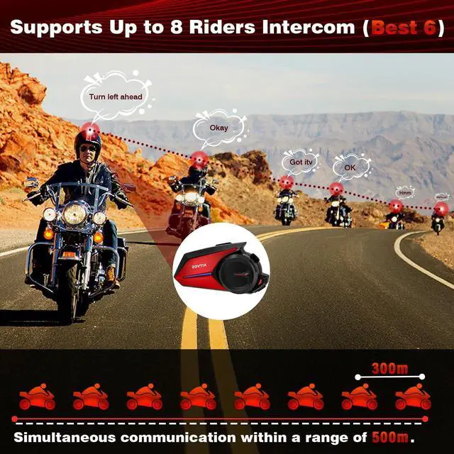 Alt view image 2 of 5 - ZOVTIX Motorcycle Helmet Headset 8 Riders Communication System X8 Intercom with Music Sharing/HiFi Sound/3 EQ Music Modes/DSP&CVC Noise Cancellation/IP67/FM Radio - X8-Red 2 Pack