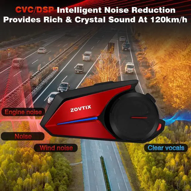 Alt view image 4 of 5 - ZOVTIX Motorcycle Helmet Headset 8 Riders Communication System X8 Intercom with Music Sharing/HiFi Sound/3 EQ Music Modes/DSP&CVC Noise Cancellation/IP67/FM Radio - X8-Red 2 Pack