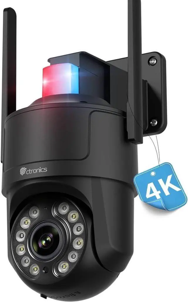 Main image of Ctronics 4K Security Camera Outdoor, Smart Night Vision 30M, Human/Vehicle/Pet Detection, Auto Tracking, Red-Blue Alarm Light & Siren, 256 GB SD/FTP/NAS, Dual-Band Wi-Fi, Wall/Ceiling Mount, APP/PC