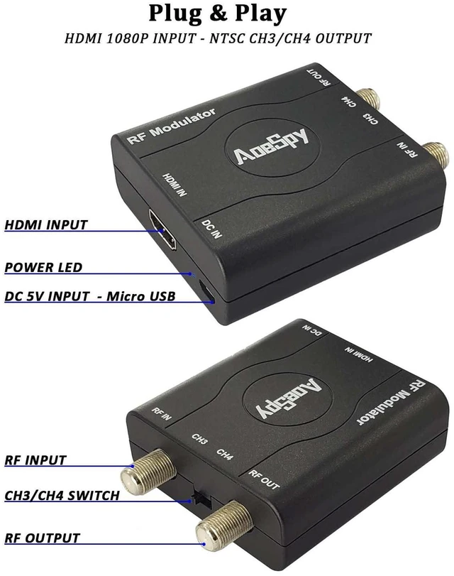 Alt view image 3 of 5 - HDMI RF Modulator Coax Adapter VHF Converter for PS4 PS5 Xbox NS Gaming Laptop Fire Stick Roku Blu-ray Player Chromecast DVR Set-top Cable Box HD Digital Video to Analog Female F Type Coaxial NTSC