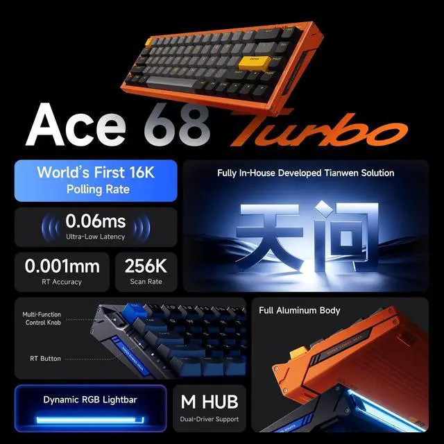 Alt view image 2 of 5 - MCHOSE Ace 68 Turbo Hall Effect Gaming Keyboard, 65% CNC Aluminum, Rapid Trigger, 16K/8K Polling, Adjustable Actuation, RGB USB-C Orange