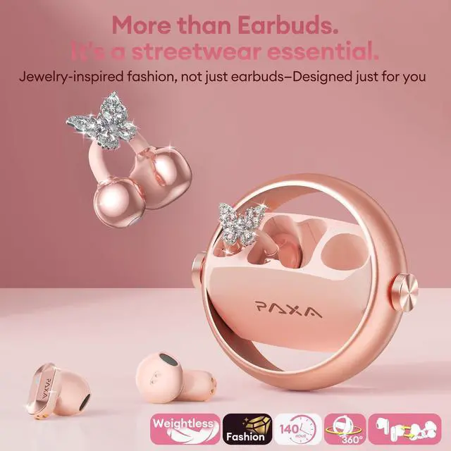 Alt view image 2 of 5 - PAXA 3 in 1 Ctbuds Stylish Jewelry-Style Clip on Open Ear Headphones Wireless Earbuds, Instant Earring Mode, Ultra-Long 140H Play, Bluetooth 6.0, All-Day Wear for Work Fitness Daily Use, Rose G