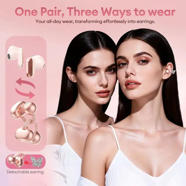 Alt view image 3 of 5 - PAXA 3 in 1 Ctbuds Stylish Jewelry-Style Clip on Open Ear Headphones Wireless Earbuds, Instant Earring Mode, Ultra-Long 140H Play, Bluetooth 6.0, All-Day Wear for Work Fitness Daily Use, Rose G