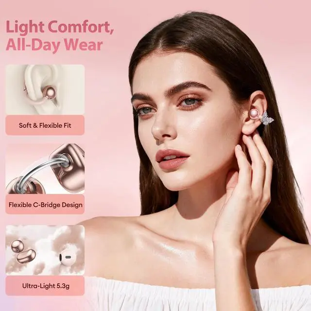 Alt view image 4 of 5 - PAXA 3 in 1 Ctbuds Stylish Jewelry-Style Clip on Open Ear Headphones Wireless Earbuds, Instant Earring Mode, Ultra-Long 140H Play, Bluetooth 6.0, All-Day Wear for Work Fitness Daily Use, Rose G