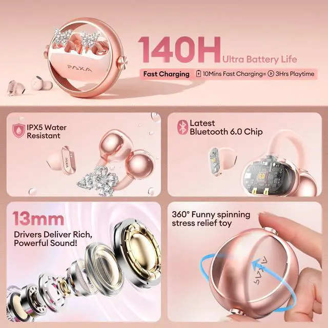 Alt view image 5 of 5 - PAXA 3 in 1 Ctbuds Stylish Jewelry-Style Clip on Open Ear Headphones Wireless Earbuds, Instant Earring Mode, Ultra-Long 140H Play, Bluetooth 6.0, All-Day Wear for Work Fitness Daily Use, Rose G