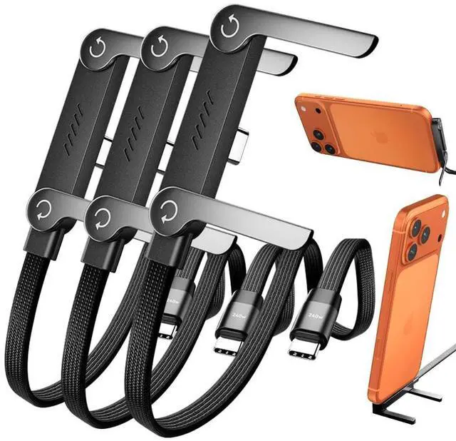 Main image of Feitenn 240W Braided Fast Charge Cable with Built-in Phone Stand Invisible, 2026 Foldable USB-C Cord 90 Degree Right Angle Multi-Functional Charger Cord 5 FT, Type-C to Type-C, Black, 3PCS