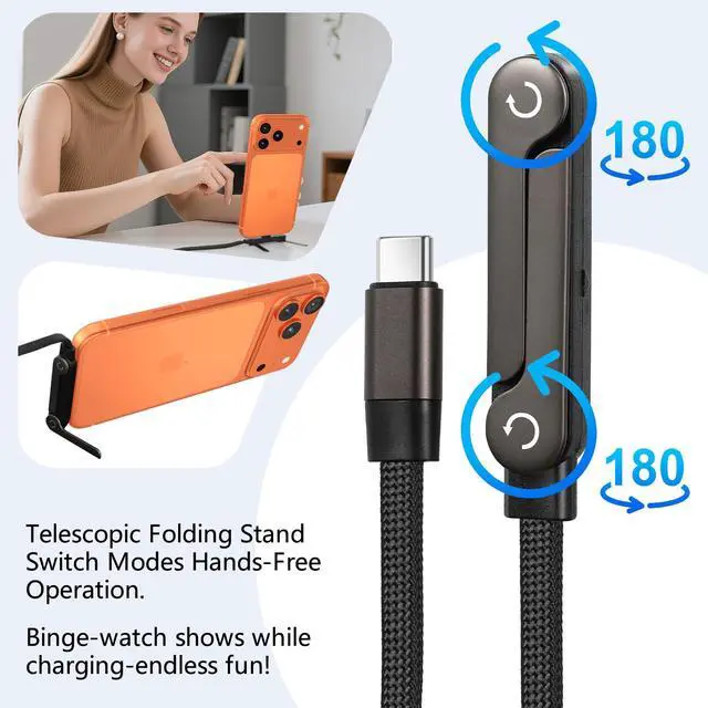 Alt view image 3 of 5 - Feitenn 240W Braided Fast Charge Cable with Built-in Phone Stand Invisible, 2026 Foldable USB-C Cord 90 Degree Right Angle Multi-Functional Charger Cord 5 FT, Type-C to Type-C, Black, 3PCS