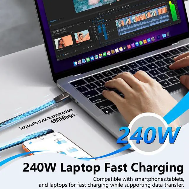Alt view image 4 of 5 - Feitenn 240W Braided Fast Charge Cable with Built-in Phone Stand Invisible, 2026 Foldable USB-C Cord 90 Degree Right Angle Multi-Functional Charger Cord 5 FT, Type-C to Type-C, Black, 3PCS