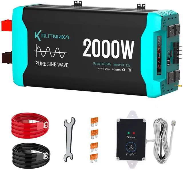 Main image of RUTNRIXA 2000W Pure Sine Wave Inverter Peak 4000w 12V DC to 120V AC for RV, Truck, Off-Grid, Home, Solar Car Power Inverter with Dual AC Hardwire Port, 50A Socket, 5V 2.1A USB