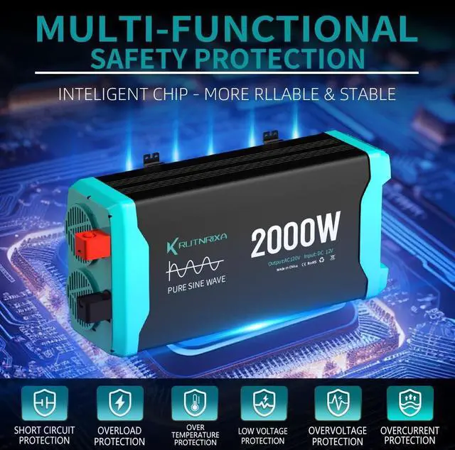 Alt view image 4 of 5 - RUTNRIXA 2000W Pure Sine Wave Inverter Peak 4000w 12V DC to 120V AC for RV, Truck, Off-Grid, Home, Solar Car Power Inverter with Dual AC Hardwire Port, 50A Socket, 5V 2.1A USB