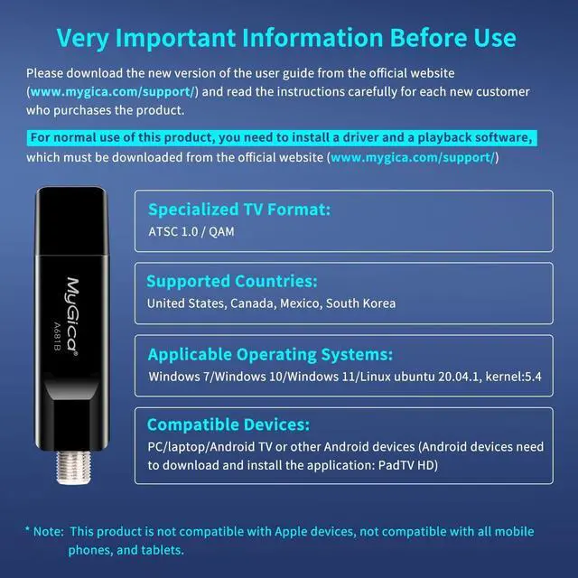 Alt view image 2 of 5 - Mygica A681B Analog USB TV Tuner Card Antenna, Recast ATSC HD Digital External HDTV Tuner Stick Dongle Adapter for Window, Linux, for PC Computer Laptop Android TV Box, Android Car Navigation