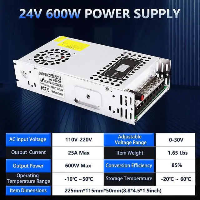 Alt view image 3 of 5 - SWTPWR Variable Power Supply DC 0-24V 600W with LED Display 24V Power Supply Adjustable AC to DC Converter 110V to 24V Designed for LED Light Car Stereo Electronics Equipment (24V-25A-600W, 24V)